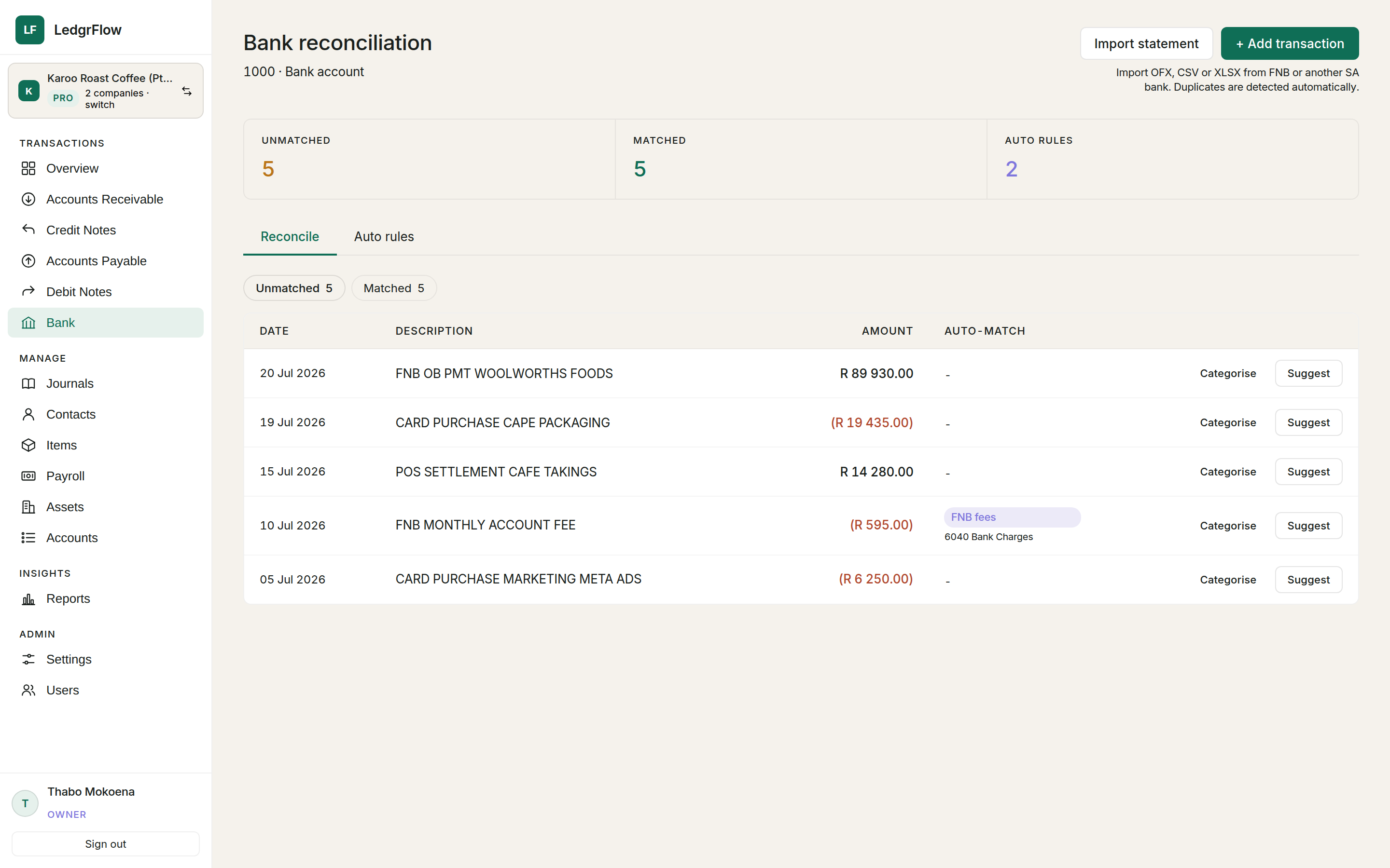 LedgrFlow bank screen showing transaction review and reconciliation