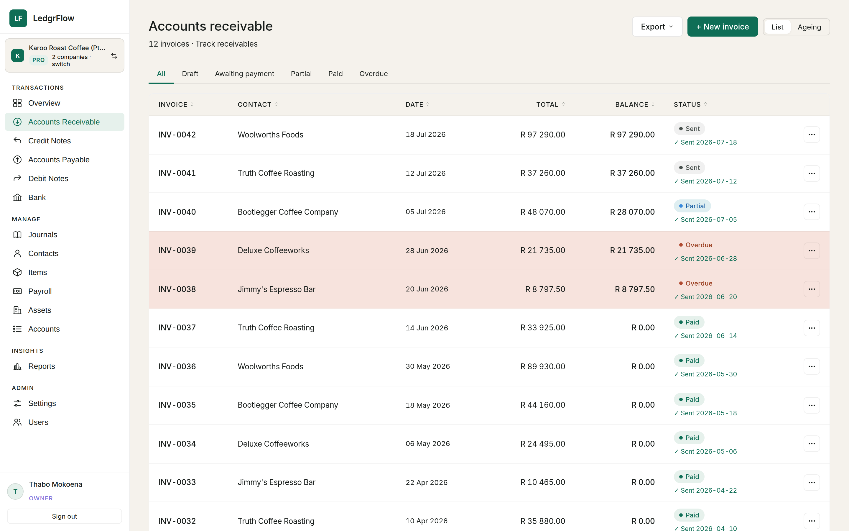 LedgrFlow invoices screen showing invoice records and customer billing
