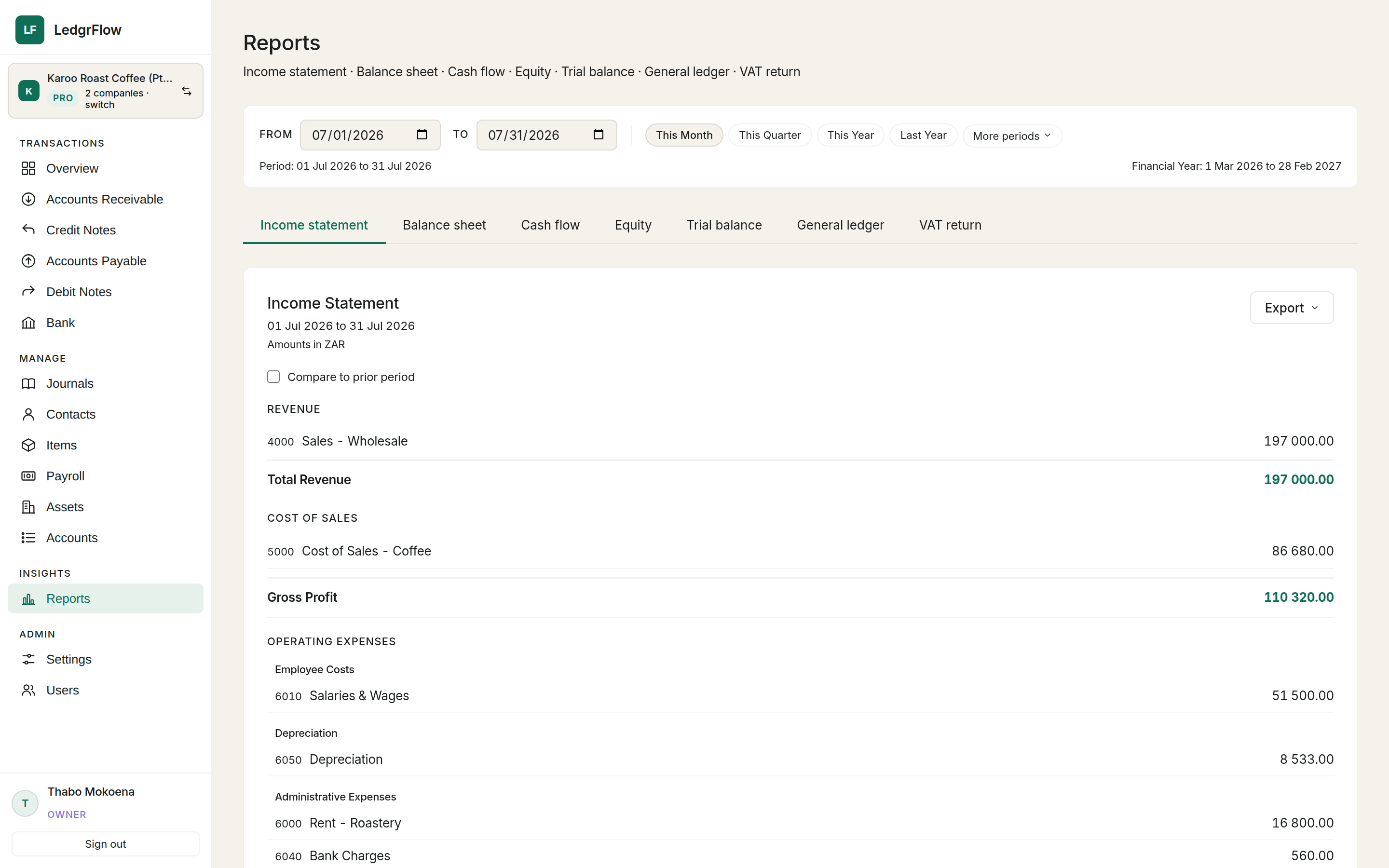 LedgrFlow reports screen showing accounting and tax reports